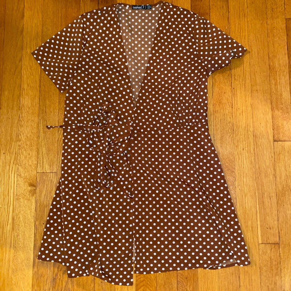 Brown and White Polka Dotted Wrap Dress